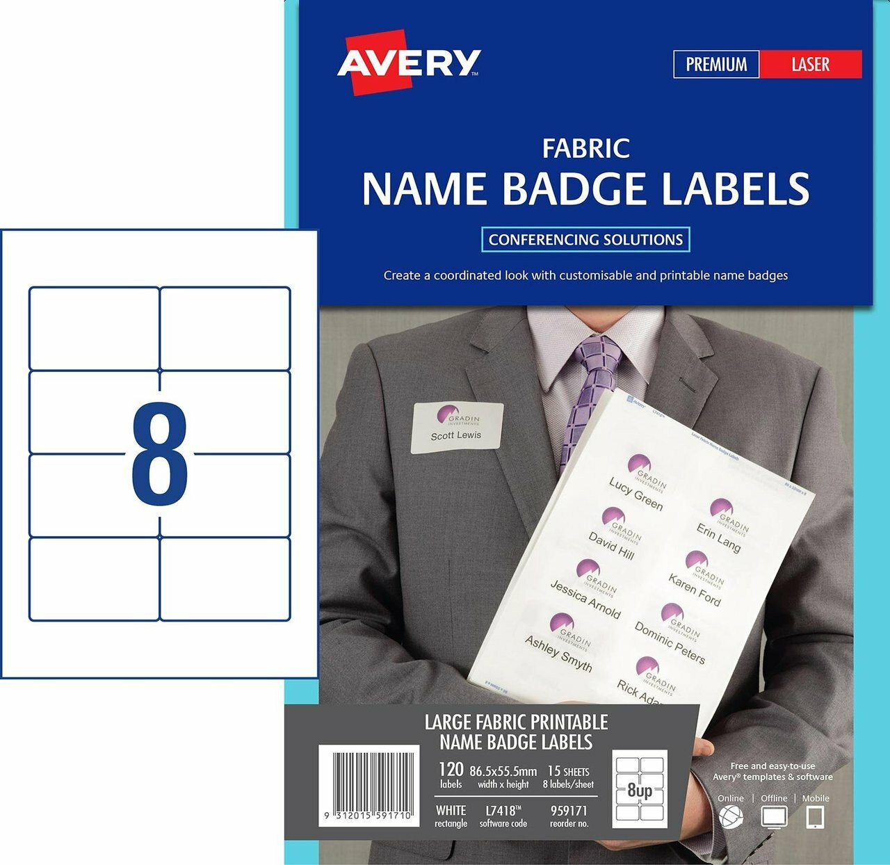 AVERY 959171 Cloth Popularity BADGE LABELS - L7418 - 120/PACK - 86.5 X 55.5 MM WHITE 8UP graphic about Printable Fabric Labels titled AVERY 959171 Cloth Standing BADGE LABELS - L7418 - 120/PACK - 86.5 X 55.5 MM WHITE 8UP